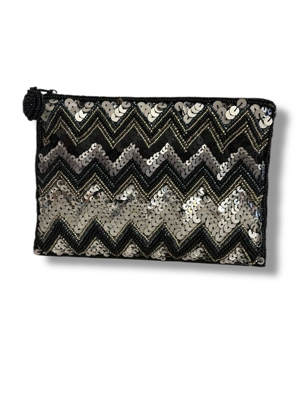 Sequin Chevron Small Clutch Beaded Black & Silver